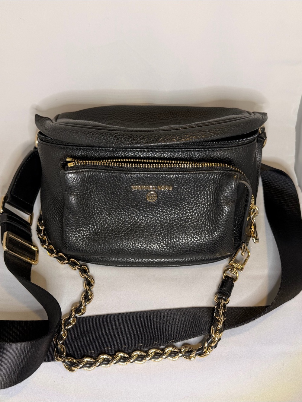 Michael Kors Black Pebbled Leather Chain-Detail Belt Bag